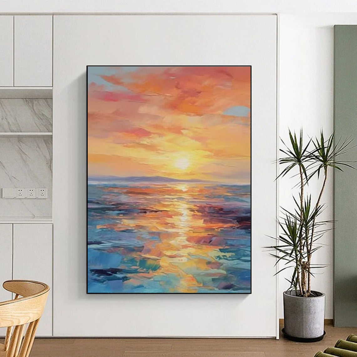 Orange, Pink, and Blue Abstract Seaside Sunset Painting For Sale Online WS481