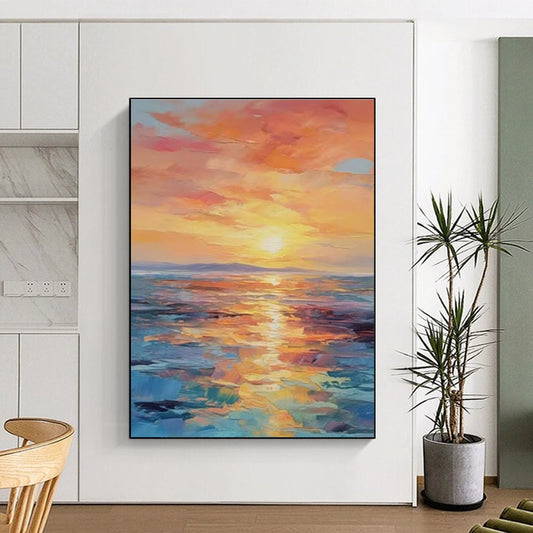 Orange, Pink, and Blue Abstract Seaside Sunset Painting For Sale Online WS481