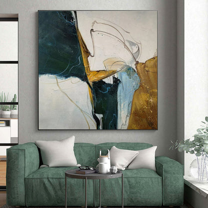 Unique Abstract Art Green, Gold, and White Dynamic Abstract Painting On Canvas HS810