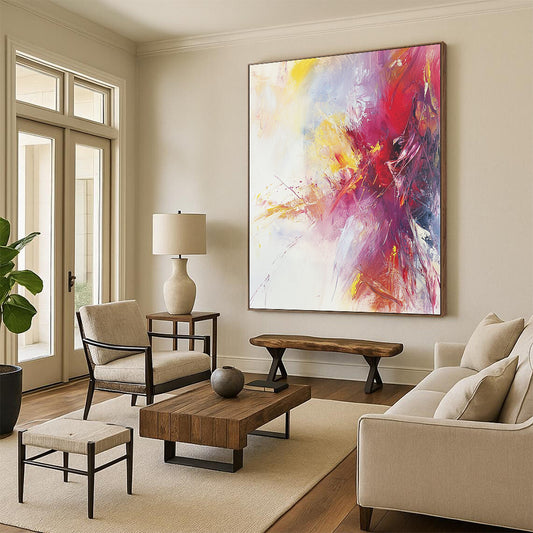 Oversized Abstract Wall Art Red, Yellow, and Purple Abstract Expressive Painting For Sale HS169
