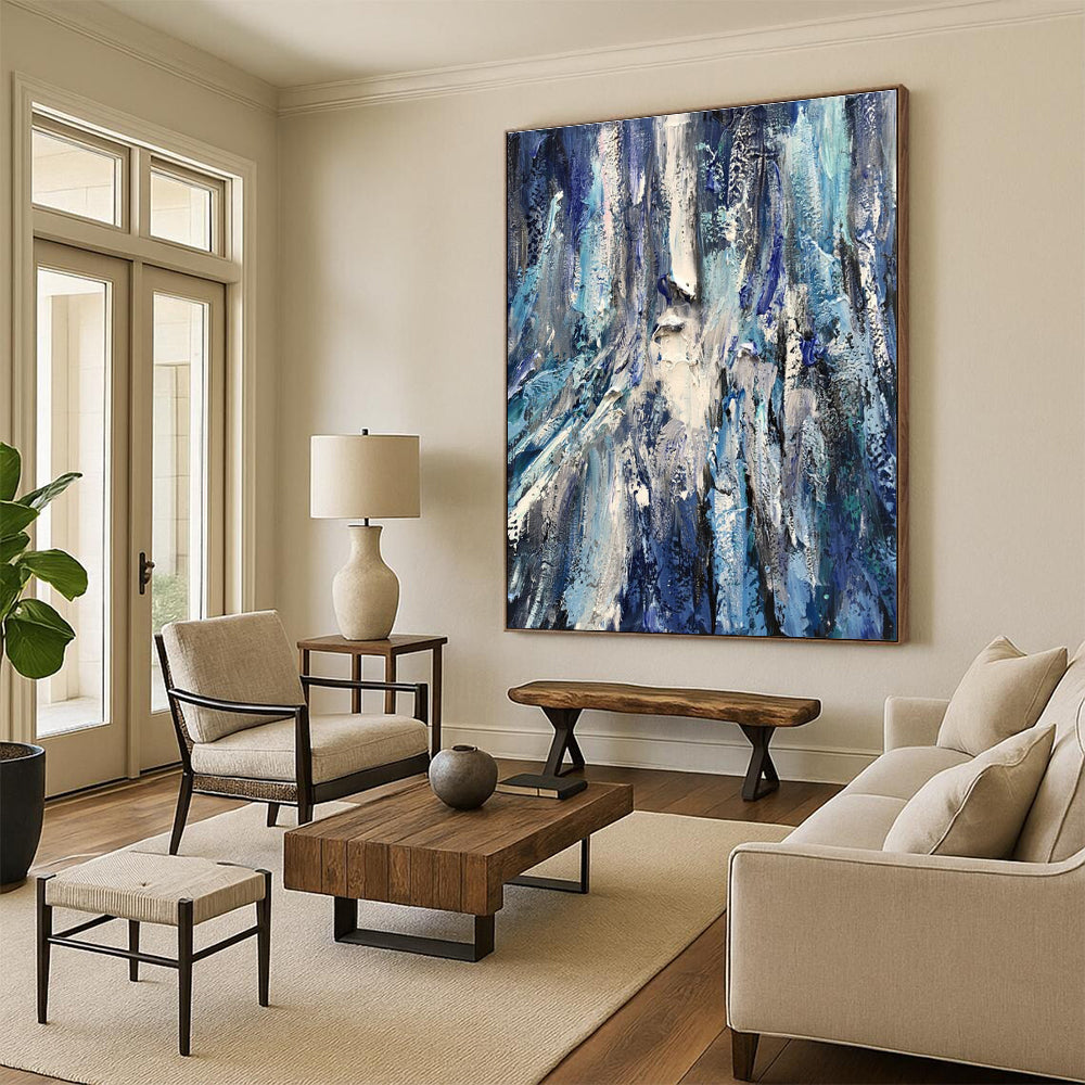 Large Contemporary Wall Art Blue and White Textured Abstract Art HS755