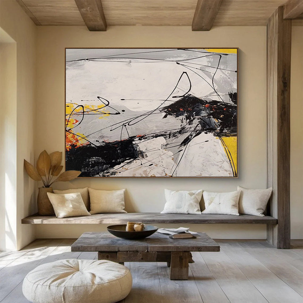 Oversized Canvas Art Black, White, and Yellow Abstract Linear Dynamic Art, Abstract Acrylic Painting WB185