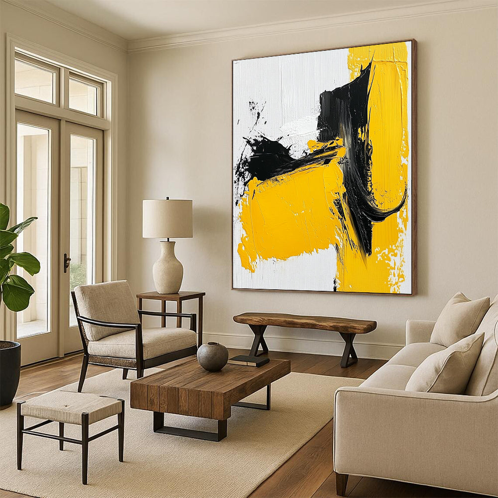 Acrylic Modern Art Paintings Yellow, Black, and White Abstract Expressive Painting For Sale HS140