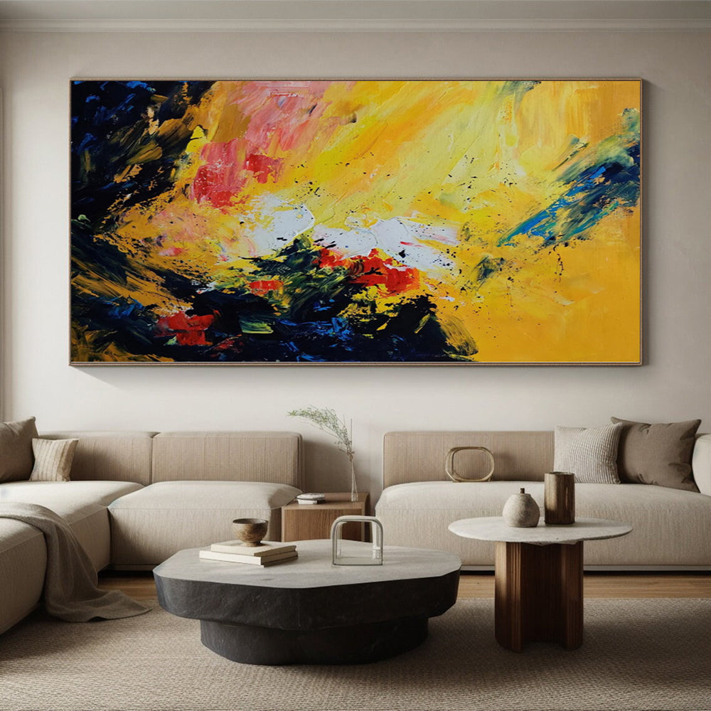 Hand-Painted Yellow, Red, and Blue Abstract Expressive Painting For Sale HS068