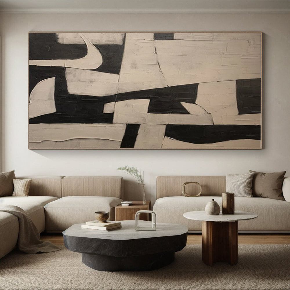 Hand-Painted Black & White Geometric Abstract, Acrylic Modern Art Painting HS317