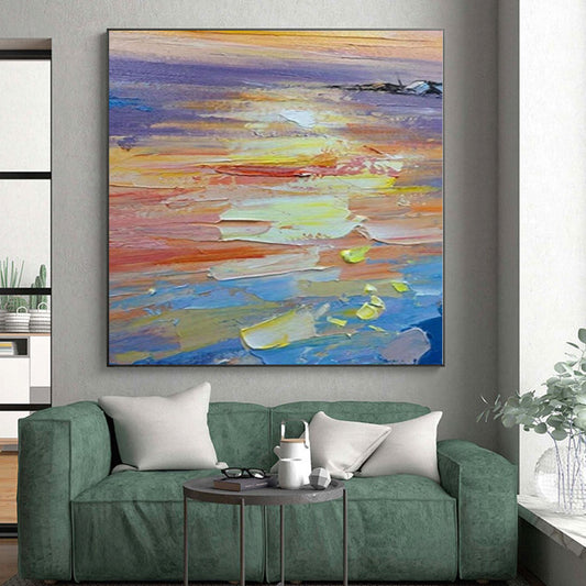 Hand-Painted Multicolor Abstract Impasto Sunset Painting For Sale HS017