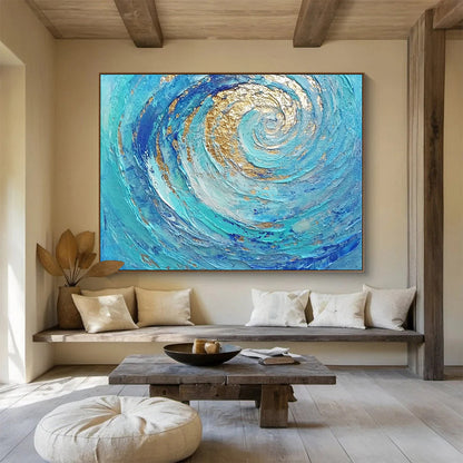 Oversized Canvas Art in Blue and Gold Textured Spiral Abstract Style WB257
