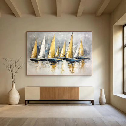 Contemporary Abstract Painting with Gray, Gold and Blue Colors, Sailboat Theme Art WB323