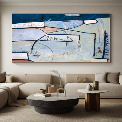 Unique Abstract Art Blue, Beige, and Red Geometric Abstract Painting On Canvas HS827