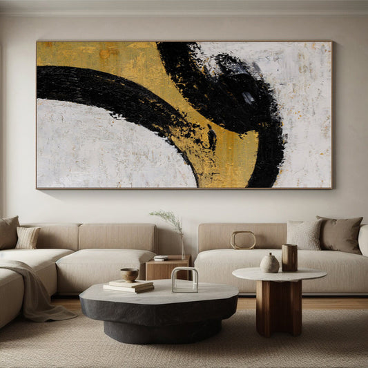 Gaint Canvas Art Black, Gold & White Gestural Abstract, Oversized Abstract Wall Art HS285
