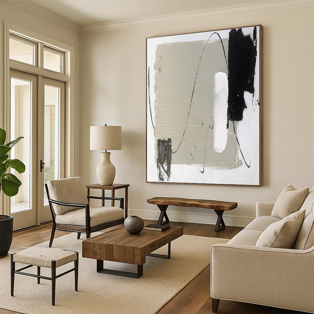 Minimalist Canvas Art with Gray, Black and White Colors, Abstract Geometric Theme HS470