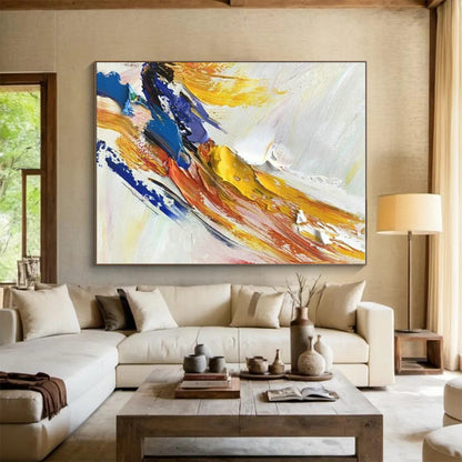 Handmade Art Unique Abstract Art with Yellow, Blue, Red, White Textured Brushstrokes - Acrylic Modern Art Painting HS520