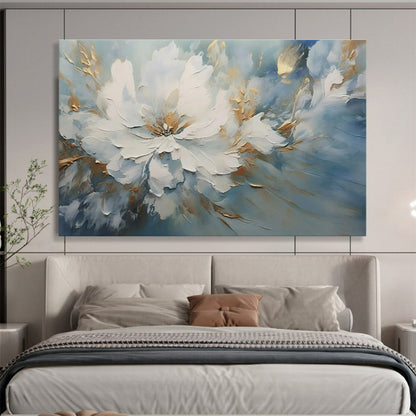 Blue, White, Gold Abstract Floral Art For Sale WB407