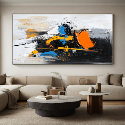 Acrylic Modern Art Paintings Black, White, Orange, and Blue Abstract Expressive Painting For Sale HS144