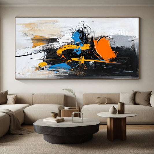 Acrylic Modern Art Paintings Black, White, Orange, and Blue Abstract Expressive Painting For Sale HS144