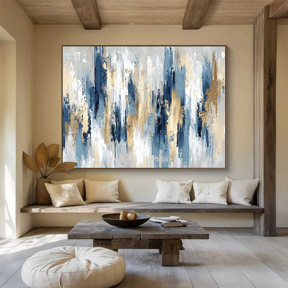Huge Size Blue, Gold, and Beige Abstract Vertical Textures - Acrylic Painting WB294