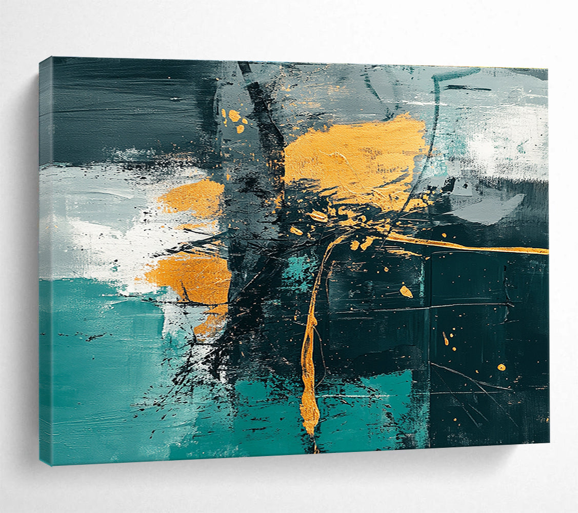 Contemporary Abstract Painting with Teal, Gold, Black and White Colors, Expressive Abstract Theme WB327