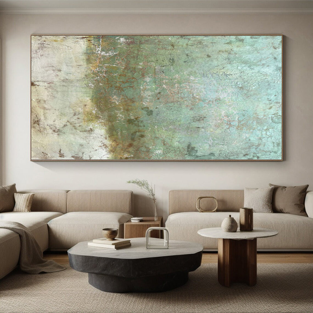 Hand-Painted Turquoise and Beige Abstract Textured Painting For Sale HS071