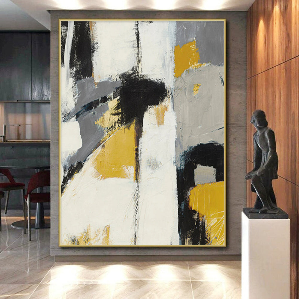 Huge Size Gray, Yellow, and Black Abstract Expressive Painting For Sale HS089