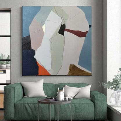 Hand-Painted Blue, Beige, and Gold Abstract Geometric Shape Painting For Sale HS020