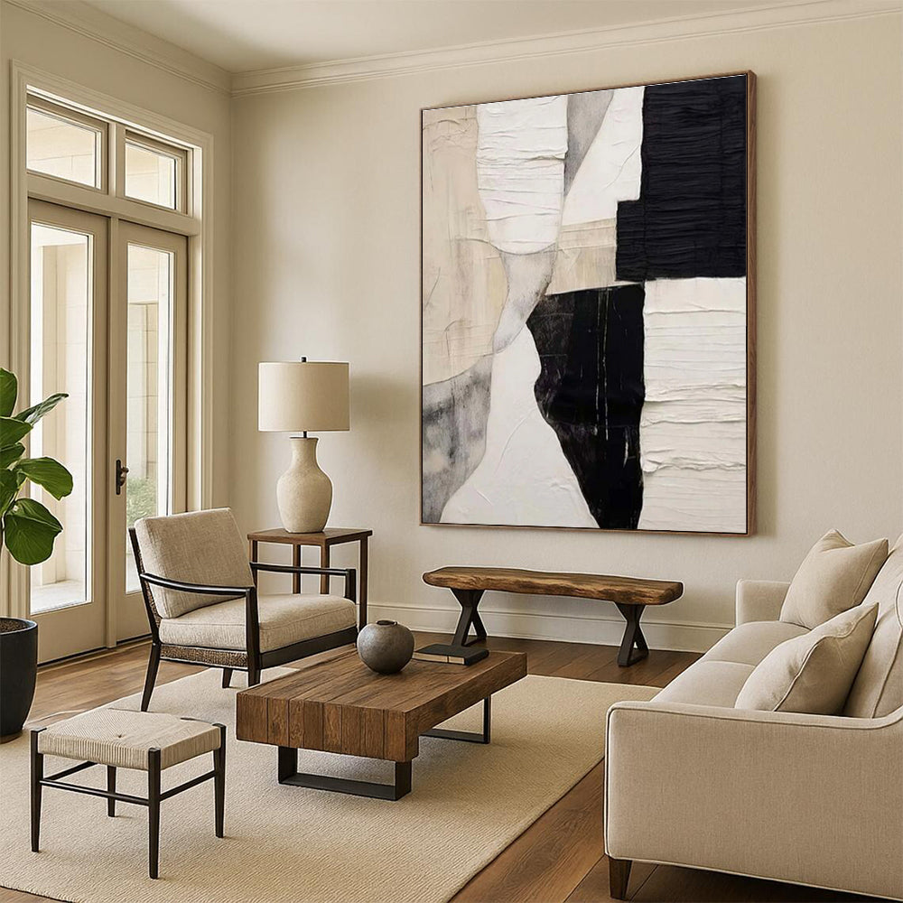 Hand-Painted Black & White Textured Abstract, Acrylic Modern Art Painting HS331