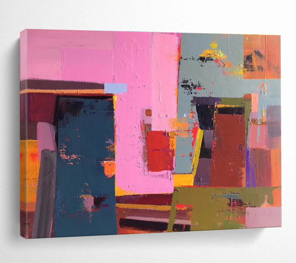 Huge Size Pink, Teal, and Multicolor Geometric Abstract Art, Abstract Acrylic Painting WB165