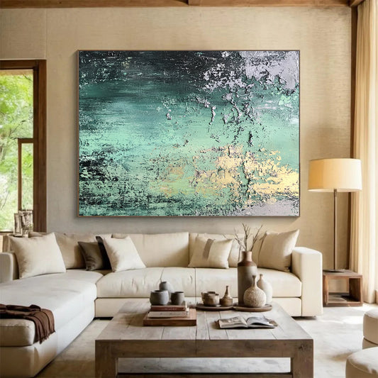 Hand Painted Art Green, Gray, and Gold Textured Abstract Art HS187