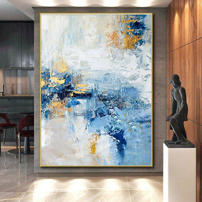 Handmade Art Cool Abstract Paintings with Blue, White, Gold Textured Layers - Acrylic Modern Art Painting HS538