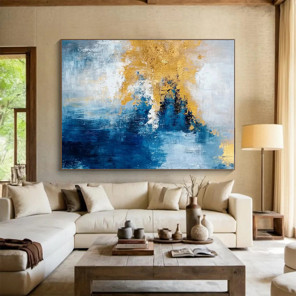Gaint Canvas Art Blue, Gold & White Textured Abstract, Oversized Abstract Wall Art HS226