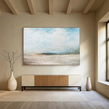 Blue, Beige, Gray Abstract Seaside Landscape Art For Sale WB387