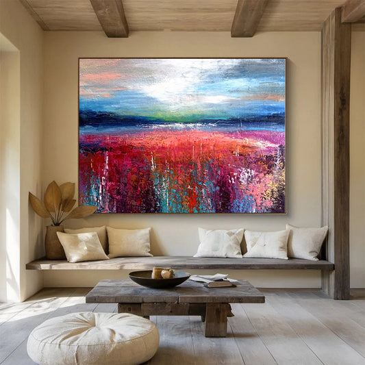 Blue, Pink, Red, Green Abstract Field and Sky Painting, Abstract Acrylic Art WB008