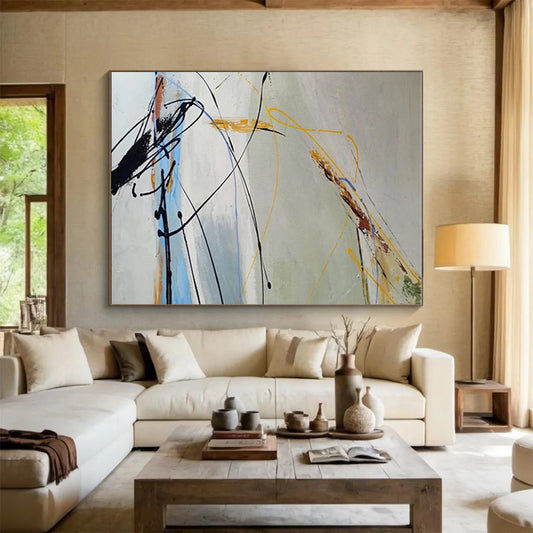 Large Size Black, Yellow & Blue Gestural Abstract, Acrylic Modern Art Painting HS210