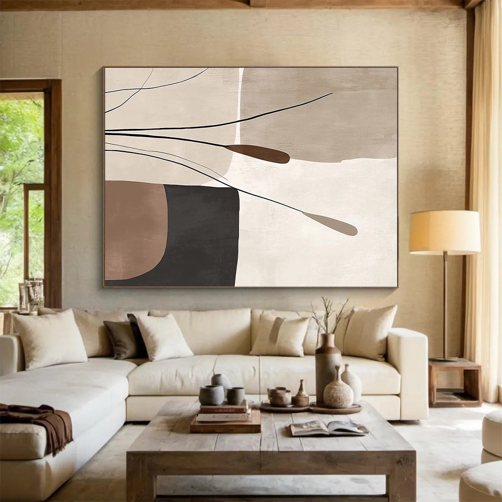 Handmade Art Beige, Brown, and Black Abstract Nature Painting For Sale HS135
