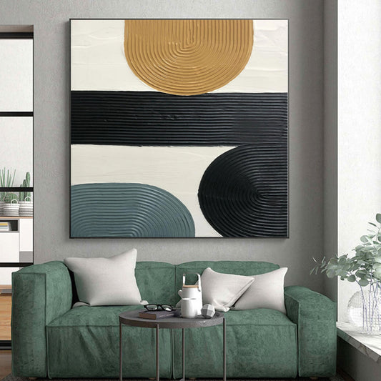 Hand-Painted Beige, Black, Gray, and White Abstract Curved Line Textured Painting For Sale HS037