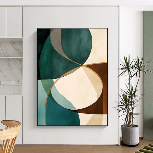 Modern Art Acrylic Teal, Brown, and Beige Circular Abstract Art HS736