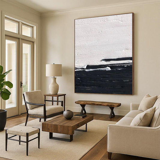 Minimalist Canvas Art Black & White Textured Abstract, Handmade Art HS273