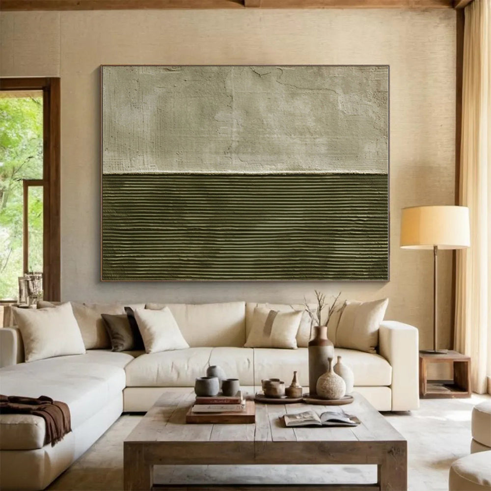 Unique Abstract Art Green & Beige Textured Abstract, Large Contemporary Wall Art HS355