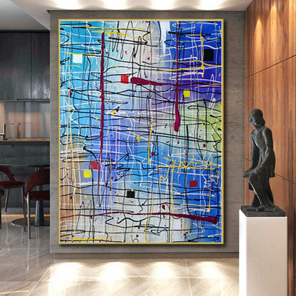 Unique Abstract Paintings Blue and Multicolor Line Abstract Painting For Sale HS099