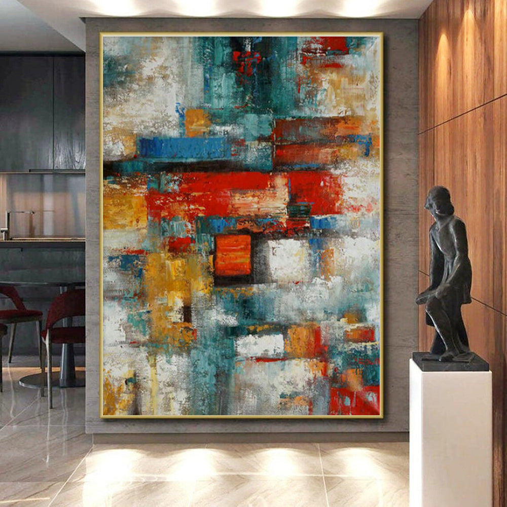 Hand Painted Art Multicolor Geometric Abstract Painting On Canvas HS771