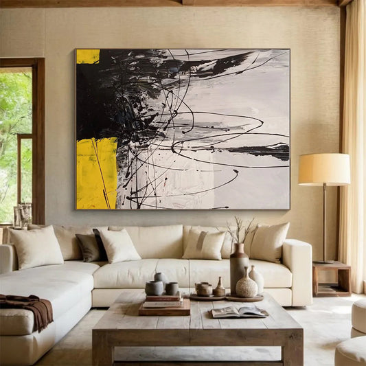 Hand-Painted Black, White & Yellow Gestural Abstract, Acrylic Modern Art Painting HS221
