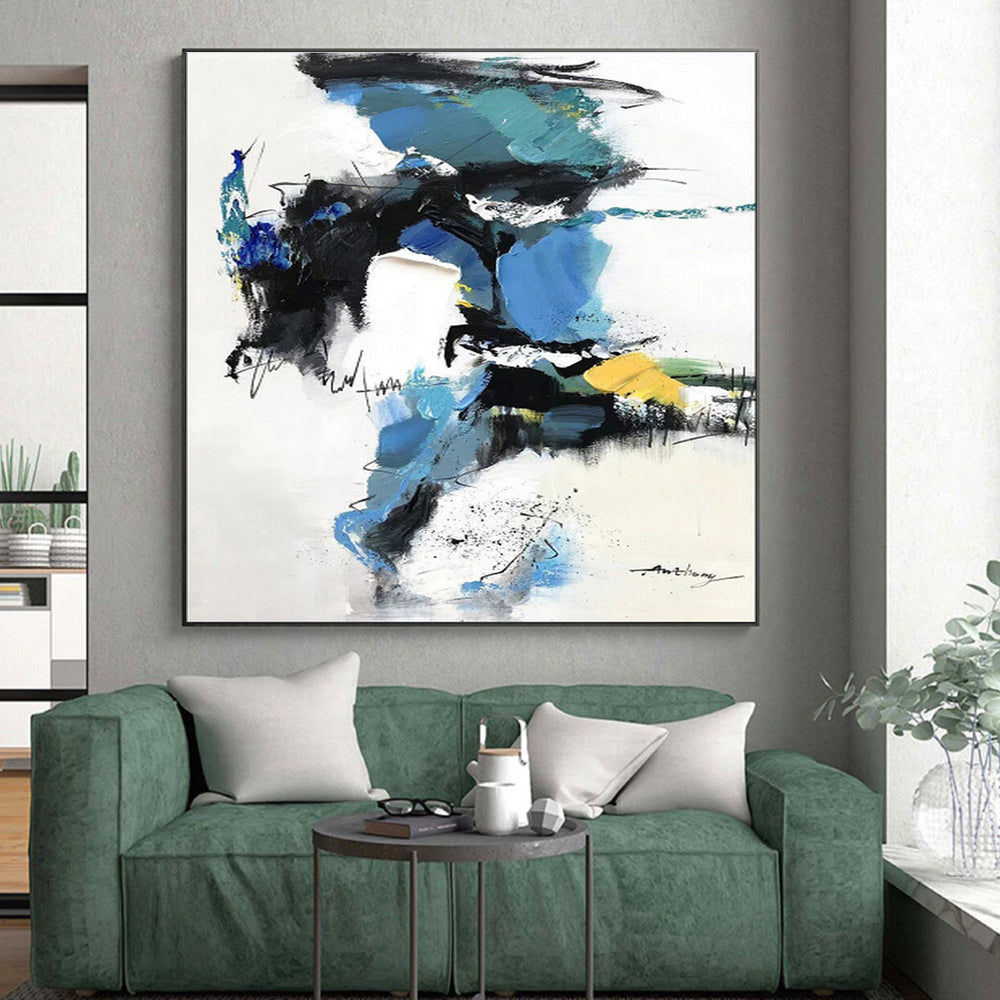 Hand Painted Art Blue, Black, and Yellow Dynamic Abstract Painting On Canvas HS791