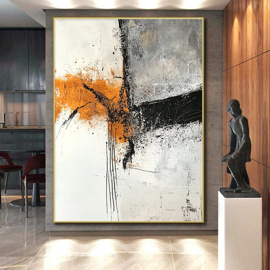 Hand-Painted Orange, Black, and White Abstract Expressive Painting For Sale HS111