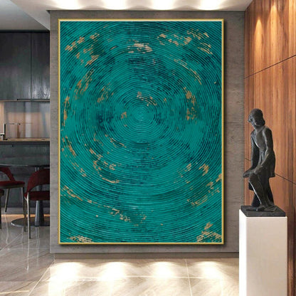 Handmade Art Teal and Gold Circular Textured Abstract Art HS615