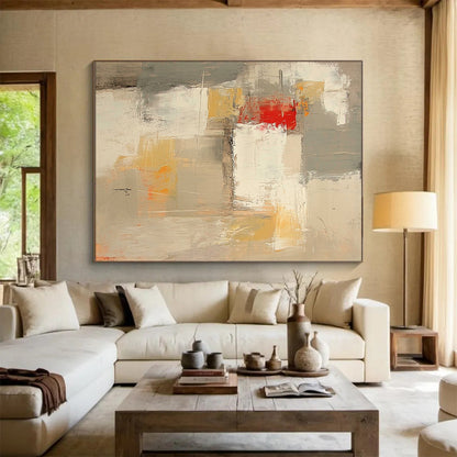 Modern Art Acrylic Gray, White, Yellow, and Red Abstract Shape Painting For Sale HS150