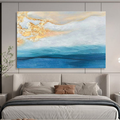 Contemporary Abstract Painting: Blue and Gold Coastal Sunset Abstract Painting WB341