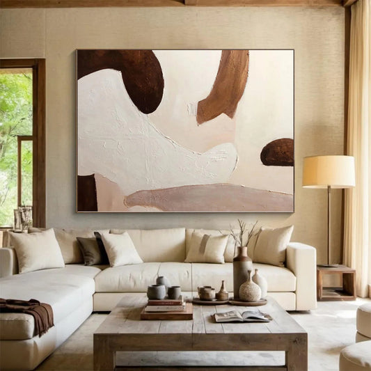 Hand-Painted Brown, White, and Beige Abstract Shape Painting For Sale HS040