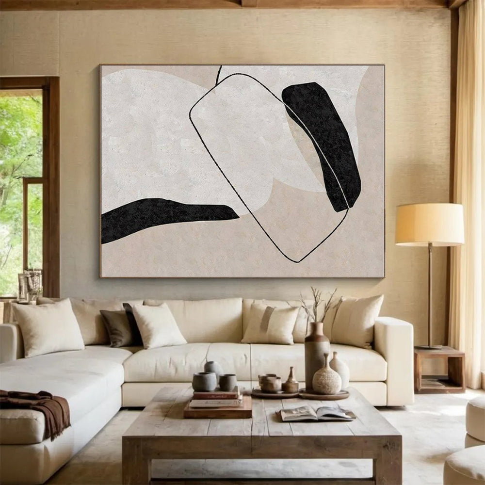 Minimalist Canvas Art Black, Beige, and White Organic Abstract Art HS701