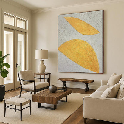 Hand-Painted Yellow and Gray Textured Abstract Leaf-Shaped Painting For Sale HS022