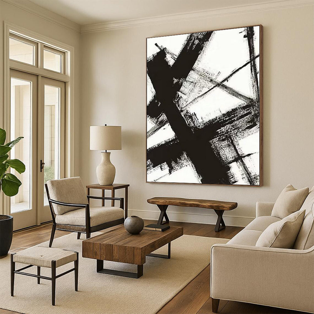 Hand-Painted Black and White Abstract Geometric Painting For Sale HS014