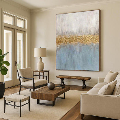 Blue, Gray, and Gold Abstract Color Block Painting For Sale WS508